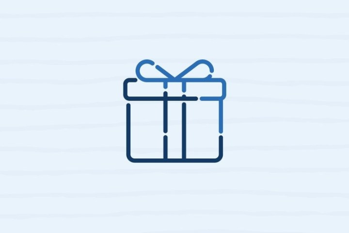 Simple gift box icon with ribbon on light striped background.
