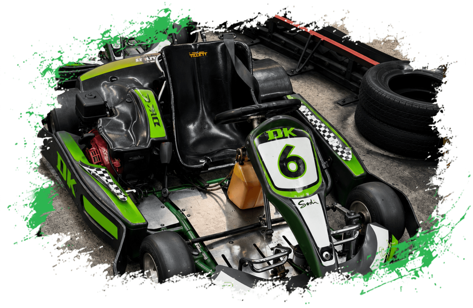 Go-kart with number 6 on abstract green and black splatter background.